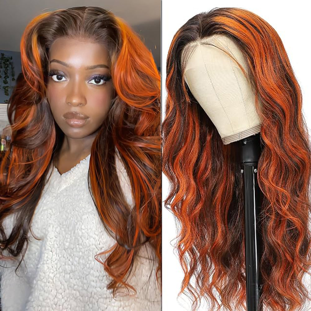 Stema #4/350 Ginger Brown Highlight 13x4 Transparent Lace Frontal Human Hair Wig